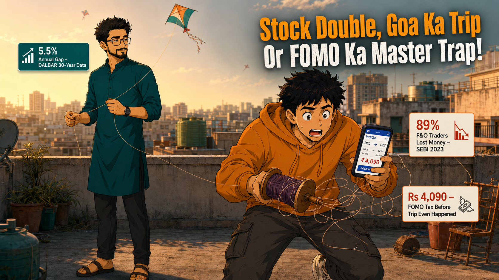 Neo flying a kite on a Delhi rooftop terrace, Teo holding the kite reel in one hand and booking a flight on his phone with the other — FOMO investing illustration