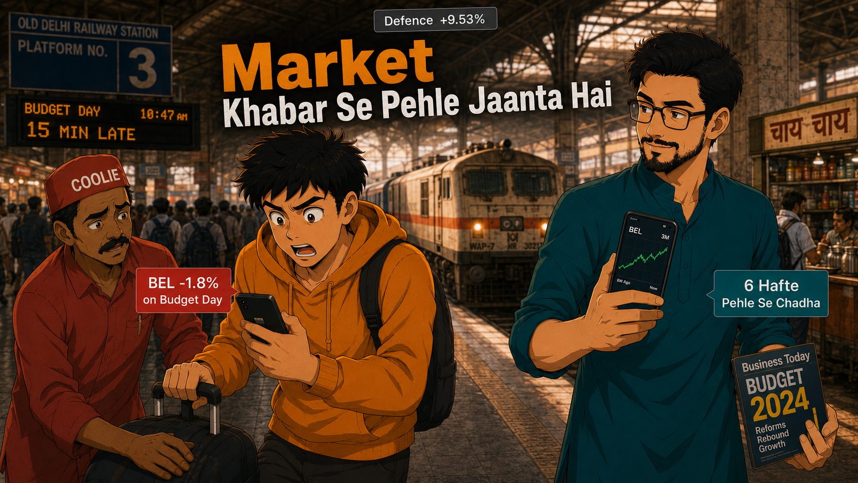 Neo and Teo at Old Delhi Railway Station on Budget Day discussing why markets move before news