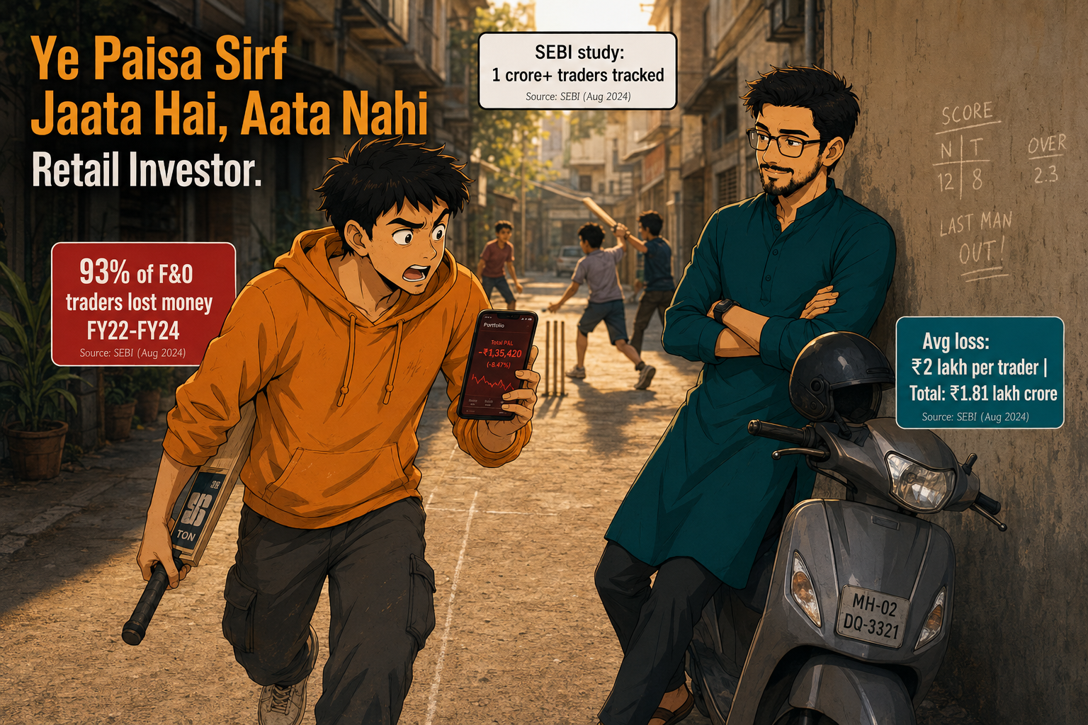 Neo watching Teo play gully cricket, representing retail investor overconfidence and behavioural mistakes in India stock market